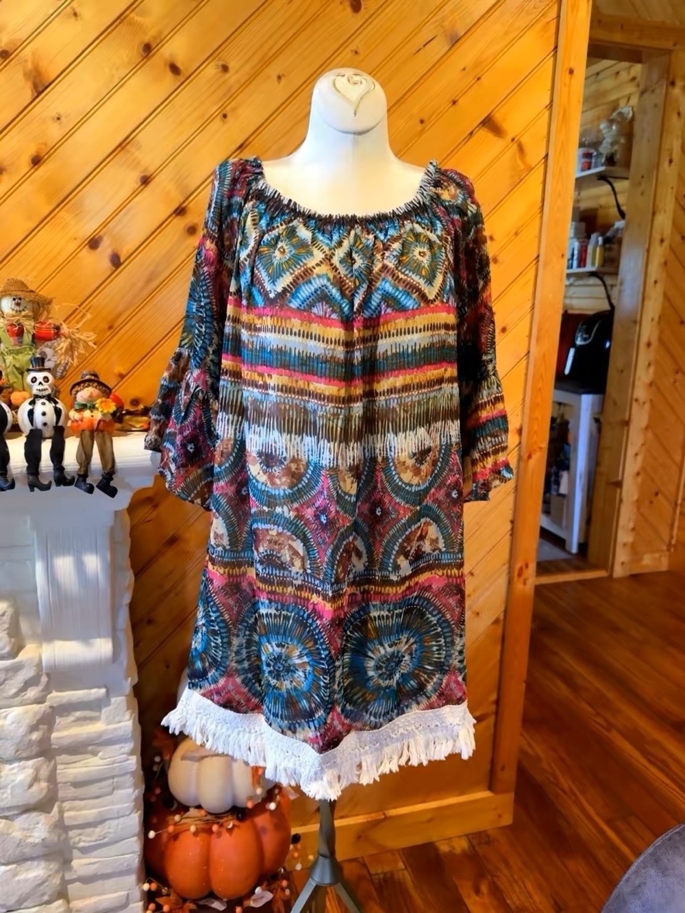 Vintage Y2K Basically Me Boho Bell Sleeve Fringe Mini Dress Small